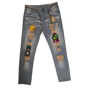 Men Distressed Rope Belt Jeans Straight Rip Fray Patch Smile Duck Art Wash 34/30
